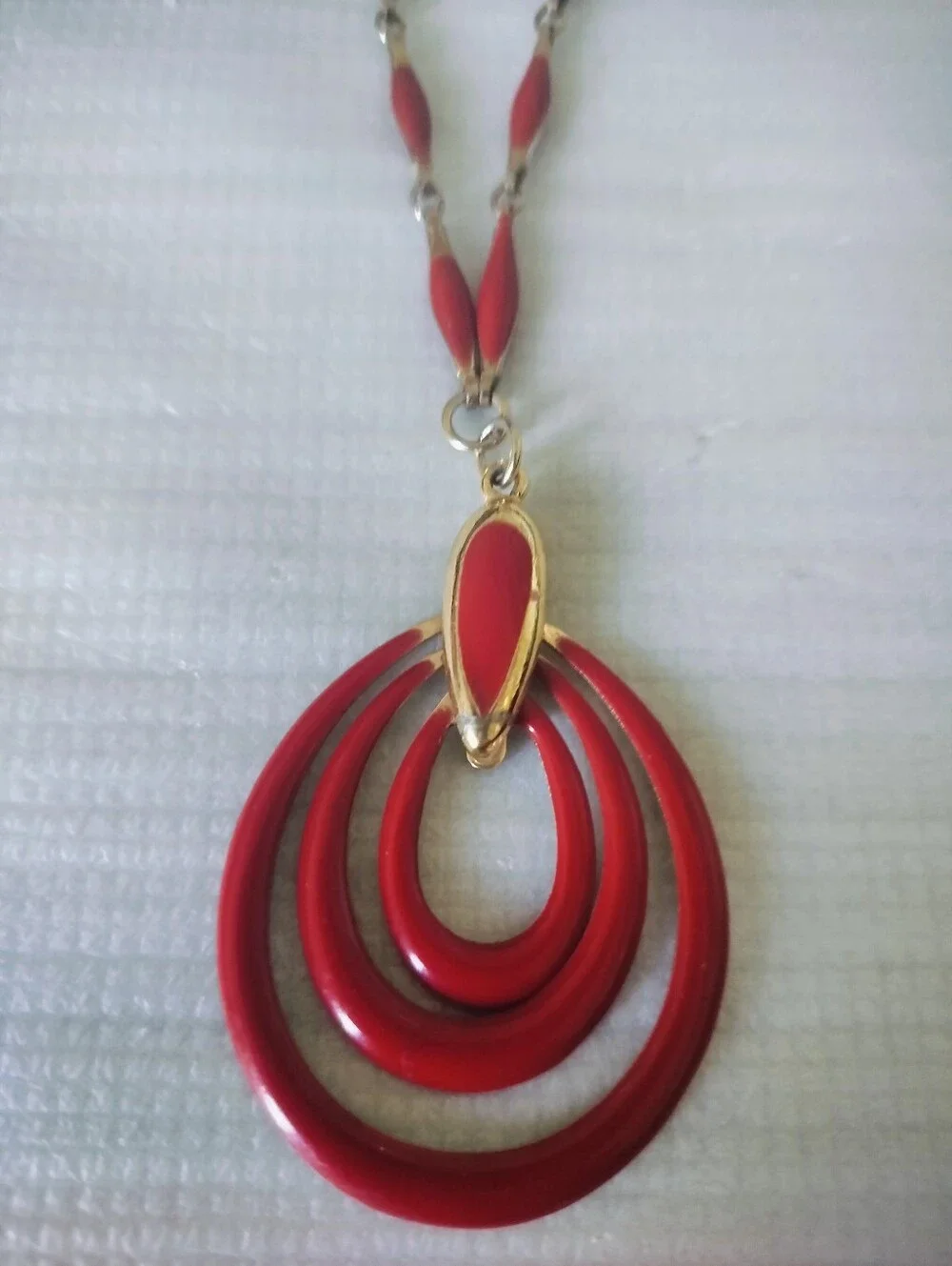 Vintage Red Enamel & Gold-Tone Triple Tiered Pendant Necklace